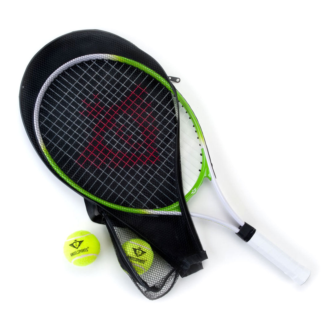 Tennisschläger mit Abdeckung und 2 Kugeln - grün