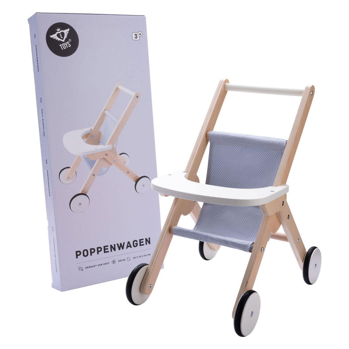 Puppenwagen aus Holz grau blau