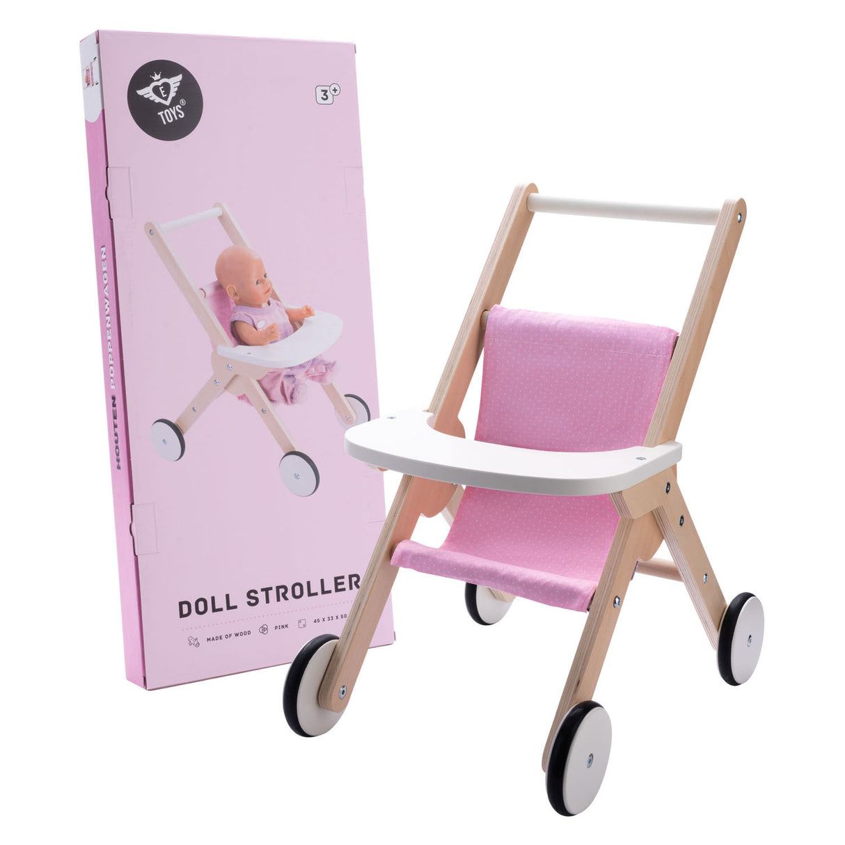 Engelhart Puppenwagen – Puppenwagen aus Holz – Rosa – 45 x 33 x 50 cm – Puppenwagen für Kinder – Rollenspielspielzeug –