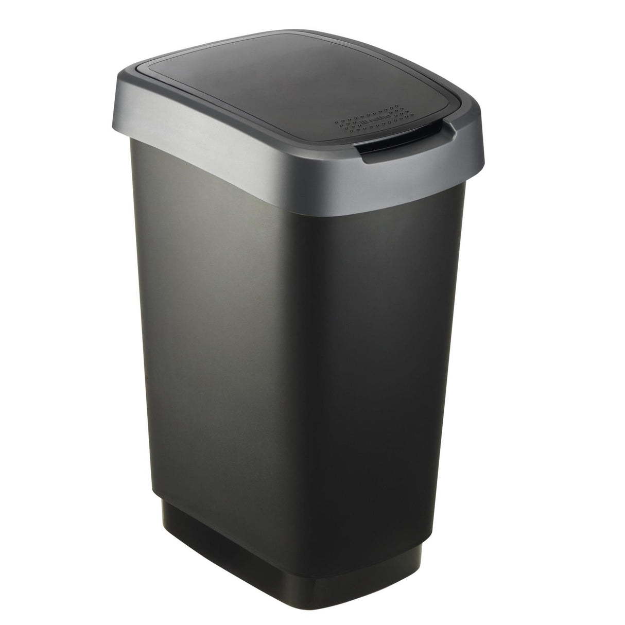 Rotho Twist Mülleimer mit Schwingdeckel 25l – Schwarz Silber – BPA-frei – inkl. 6 Aufkleber für verschiedene Abfallströme