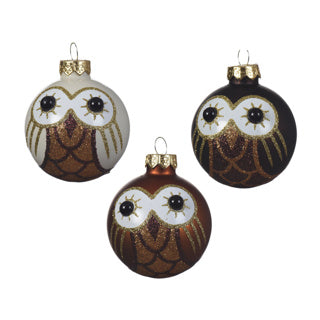 Weihnachtskugel aus Glas, Eule, 3-farbig sortiert, Durchmesser 6 cm