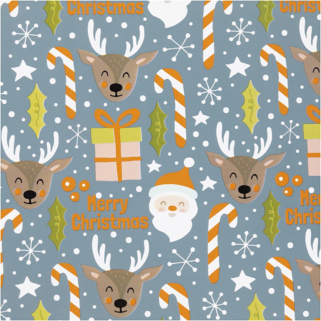 Creativ Company Geschenkpapier, Weihnachtsmann, Weihnachtsgeschenk, Lutscher, Rentier, B: 50 cm, 80 gr, grau, 100 m 1 Rolle