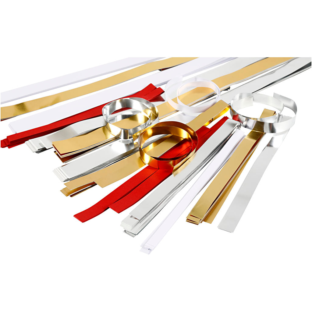 Creativ Company Flechtstreifen, L: 44+78 cm, T 4,5+6,5+11,5 cm, B: 10+15+25 mm, Inhalt kann variieren, Gold, Rot, Silber, Weiß, 5000 Streifen 1 Box