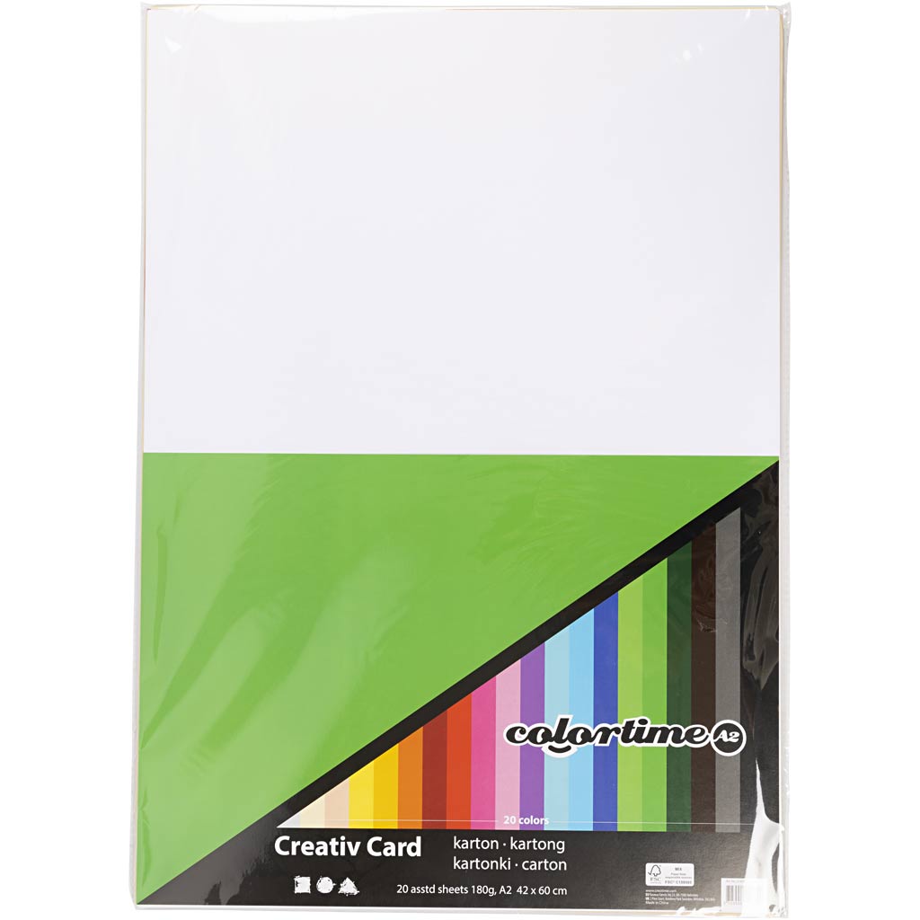 Colortime-Farbkarton, A2, Blatt 420 x 594 mm, 180 g, verschiedene Farben, 20 verschiedene Blätter, 1 Karton