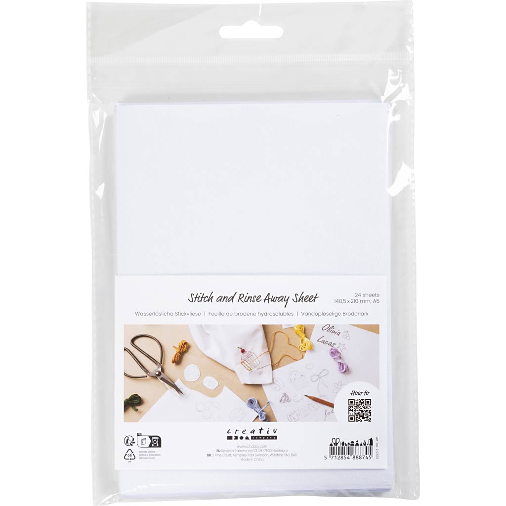 Wasserlösliche Stickbögen der Firma Creativ, A5, Blatt 148,5 x 210 mm, weiß, 24 Blatt 1 Box