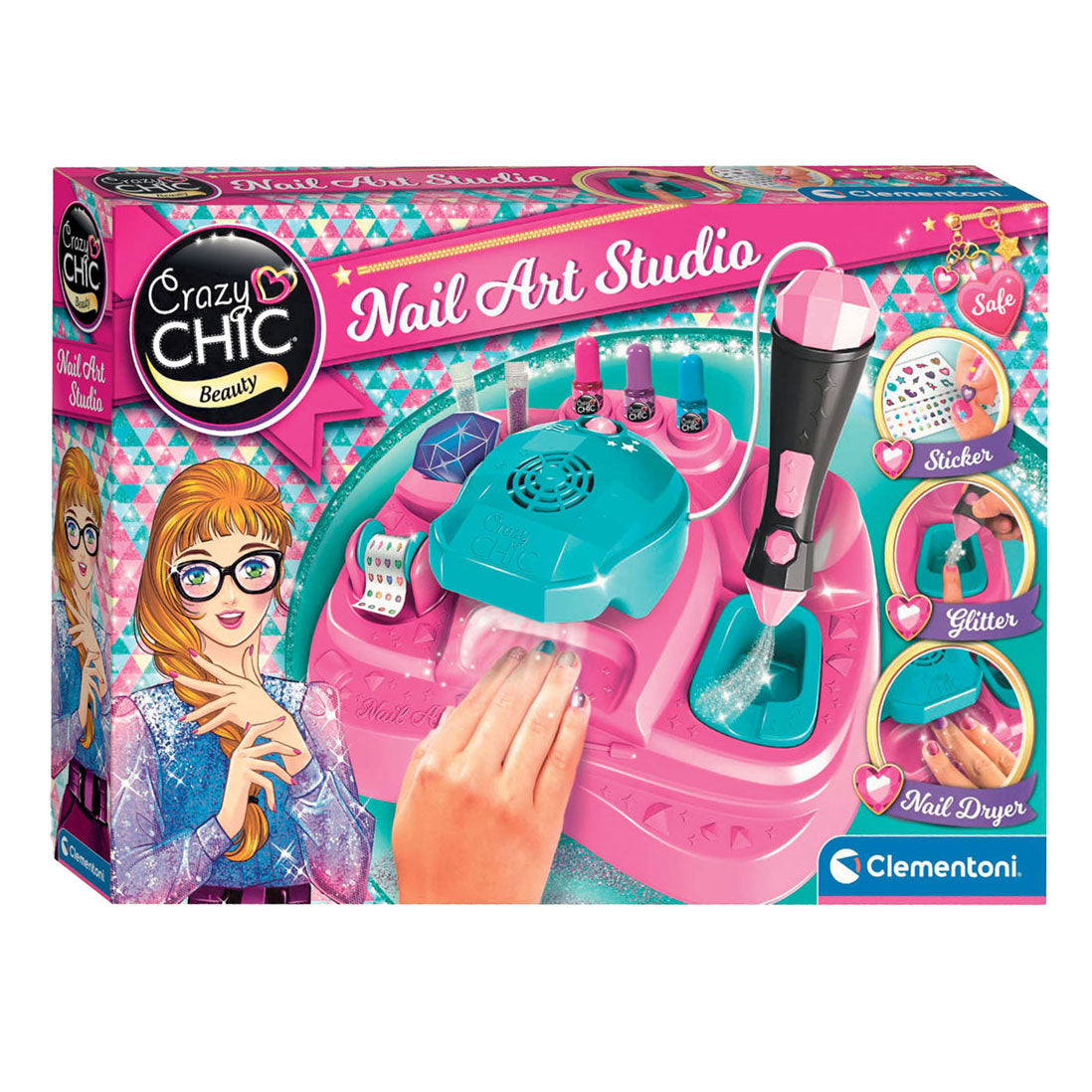 Clementoni Crazy Chic – Nagelstudio für Kinder – Kindernagellack mit Stickern, Glitzer und Nageltrockner – ab 6 Jahren