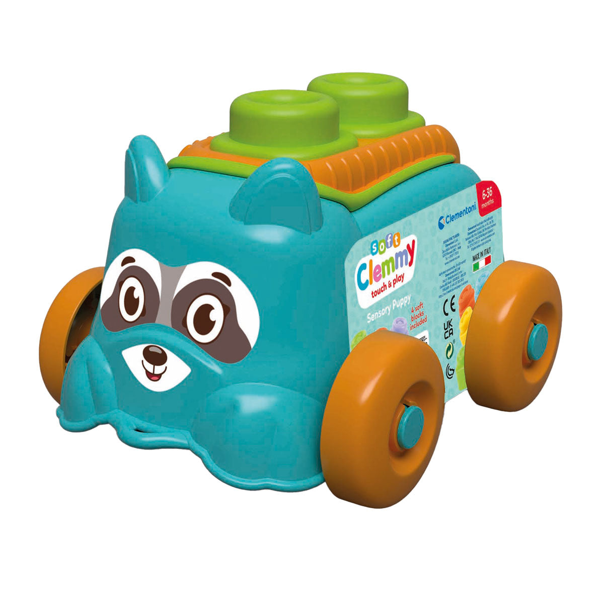 Clementoni Baby – Clemmy Sensory Puppy Blue mit weichen Blöcken, 5 Stk.