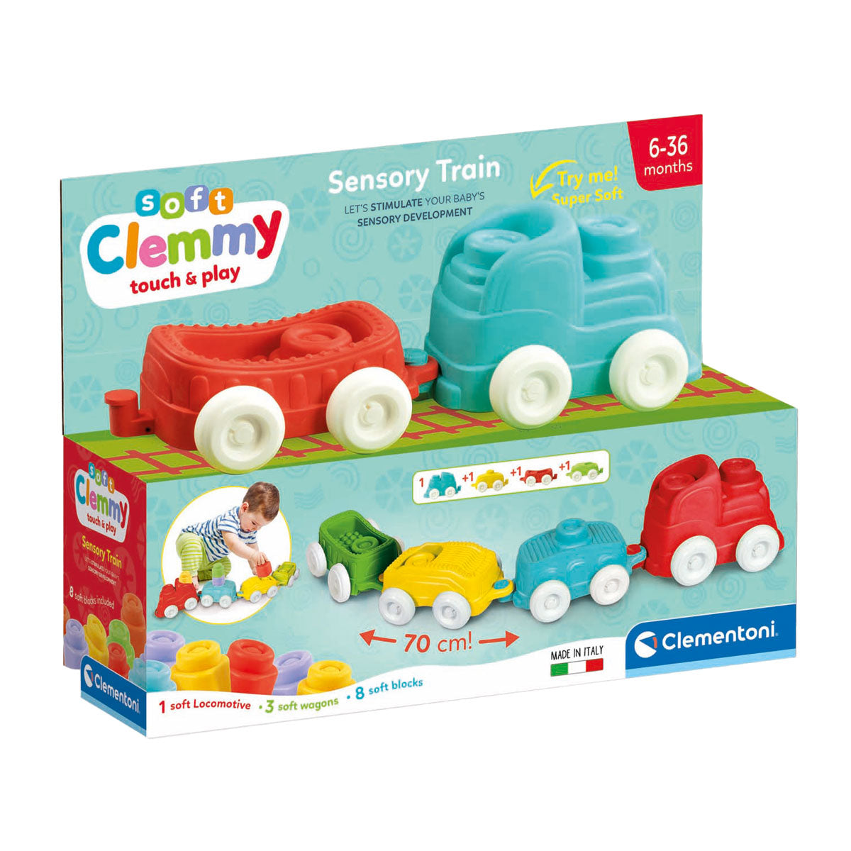 Clementoni Baby – Clemmy Sinneszug mit weichen Blöcken, 12 Stück.