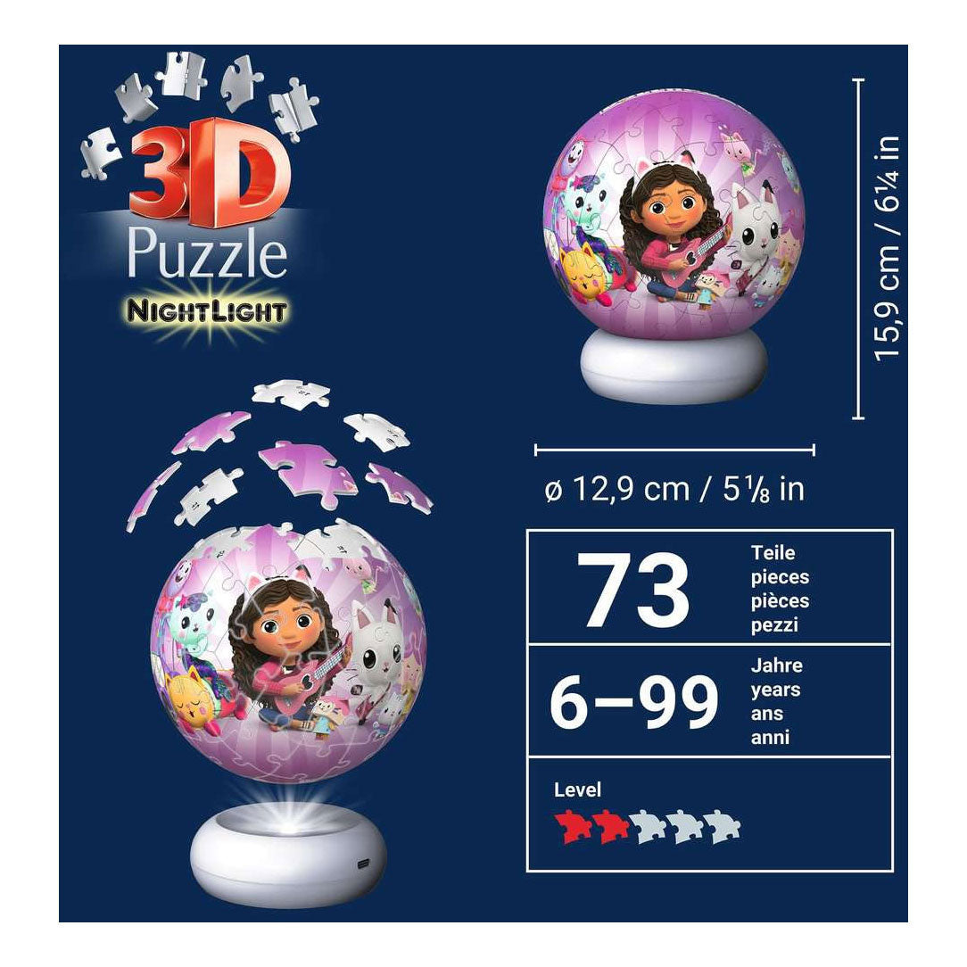 Ravensburger – gabby’s dollhouse – 3d puzzle-ball nachtlicht – 73 stukjes