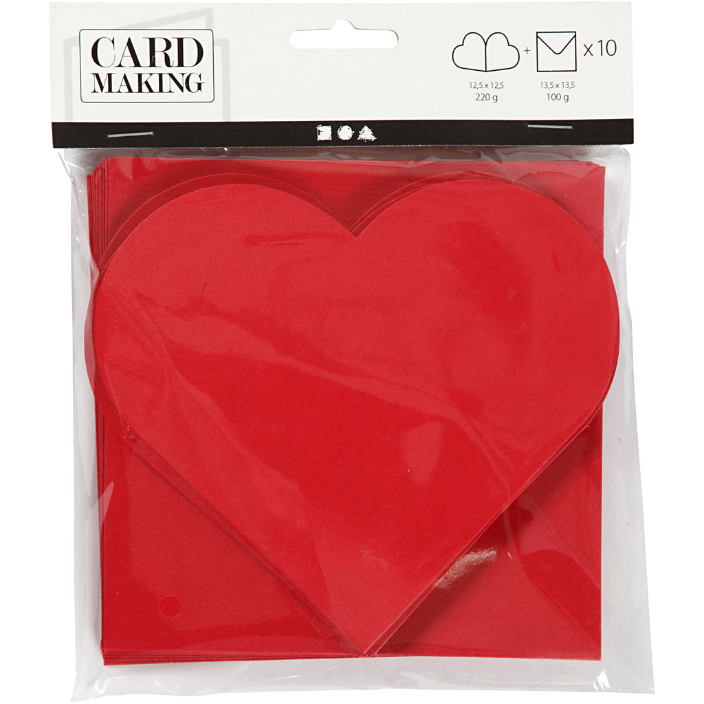 Creativ Company Herzkarten, Kartengröße 12,5x12,5 cm, Umschlaggröße 13,5x13,5 cm, rot, 10er Set 1 Box