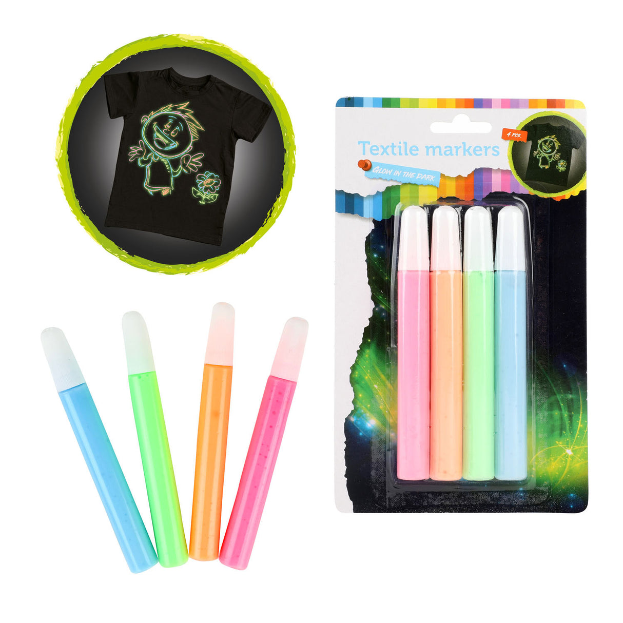 Toi-toys Squeeze Textilmarker leuchten im Dunkeln, 4 Stk.