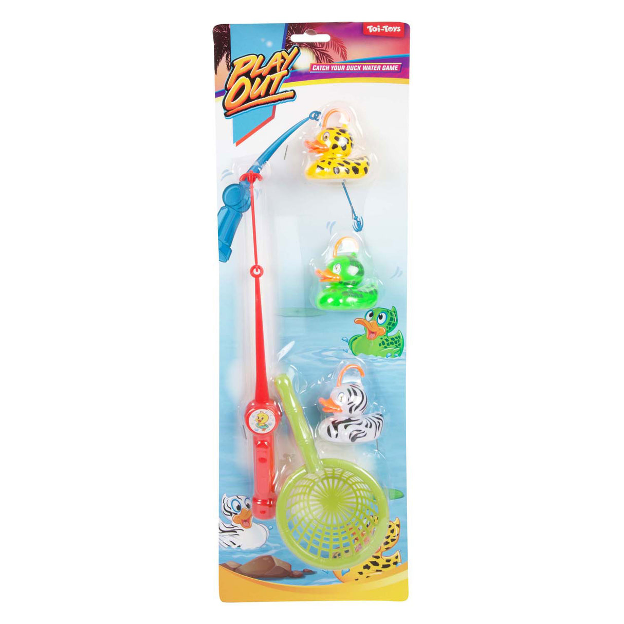 Toi-Toys spielen Angelspiel und fangen die Ente mit Angelrute und Netz