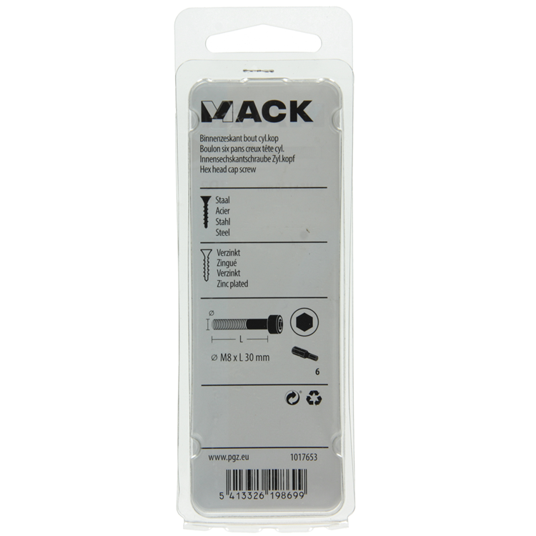 Mack 1017653 - binnenzeskant bout cyl.kop verz. 4 st m8 x 30 mm | 10 stuks