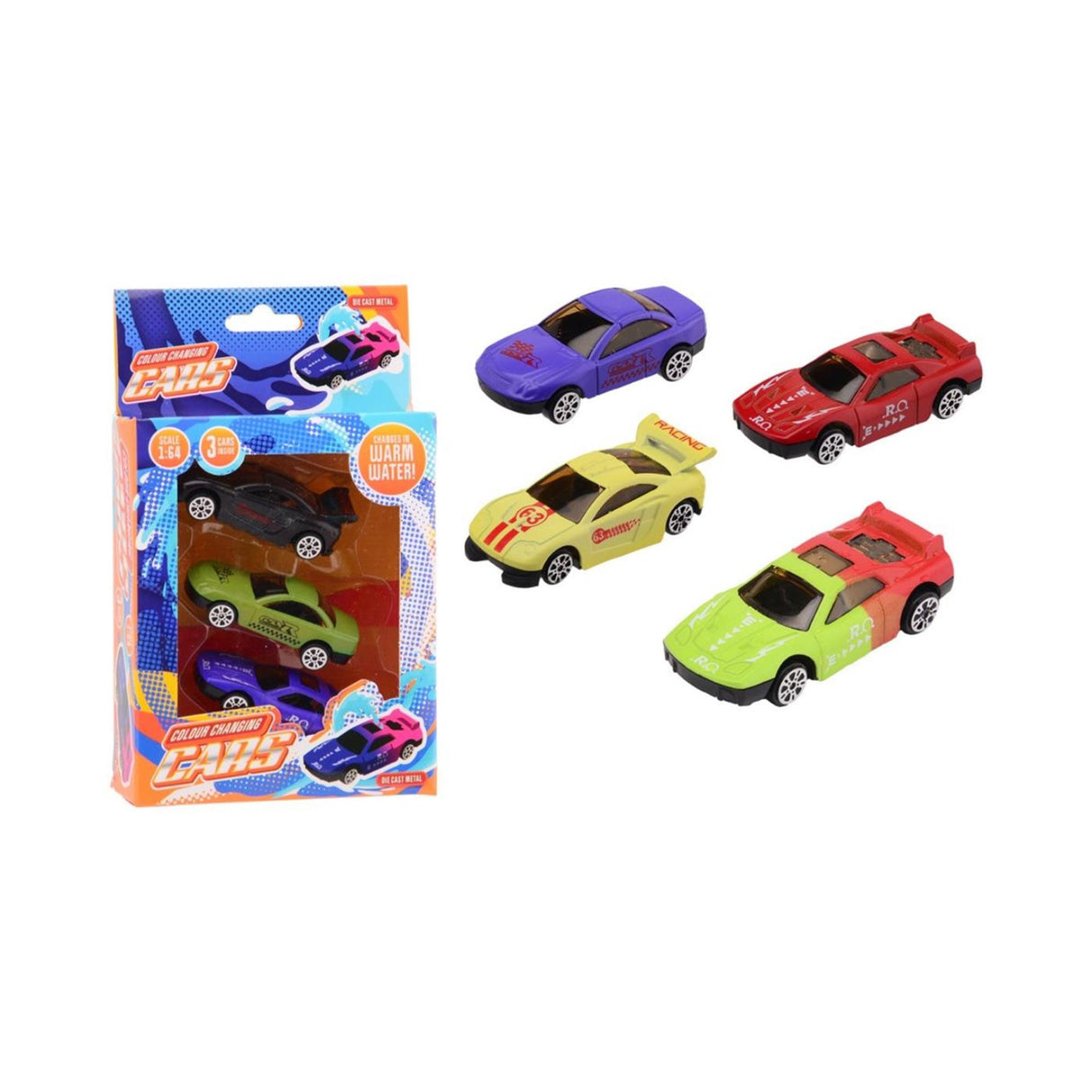 Johntoy Druckguss-Rennwagen mit Farbwechsel, 3 Stück.