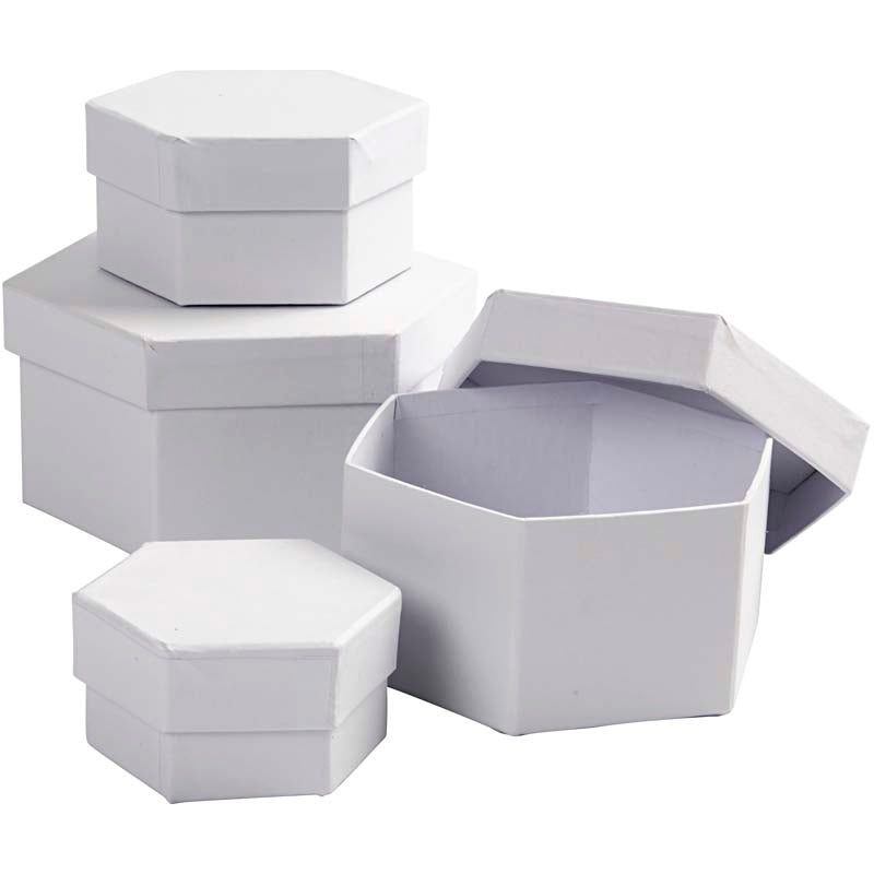 Creativ Company Sechseckdosen, H: 4+5+6+7 cm, T 6,5+8+10+12 cm, weiß, 4 Stück 1 Set