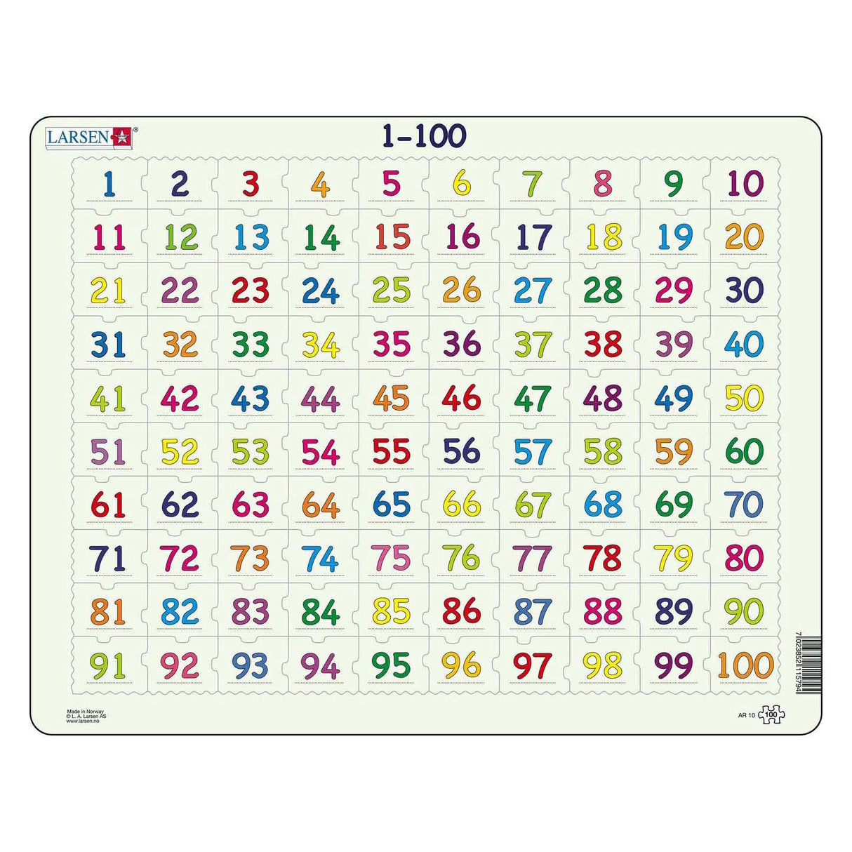 Larsen-Puzzle zum Erlernen des Zählens der Zahlen 1-100, 100 Teile.