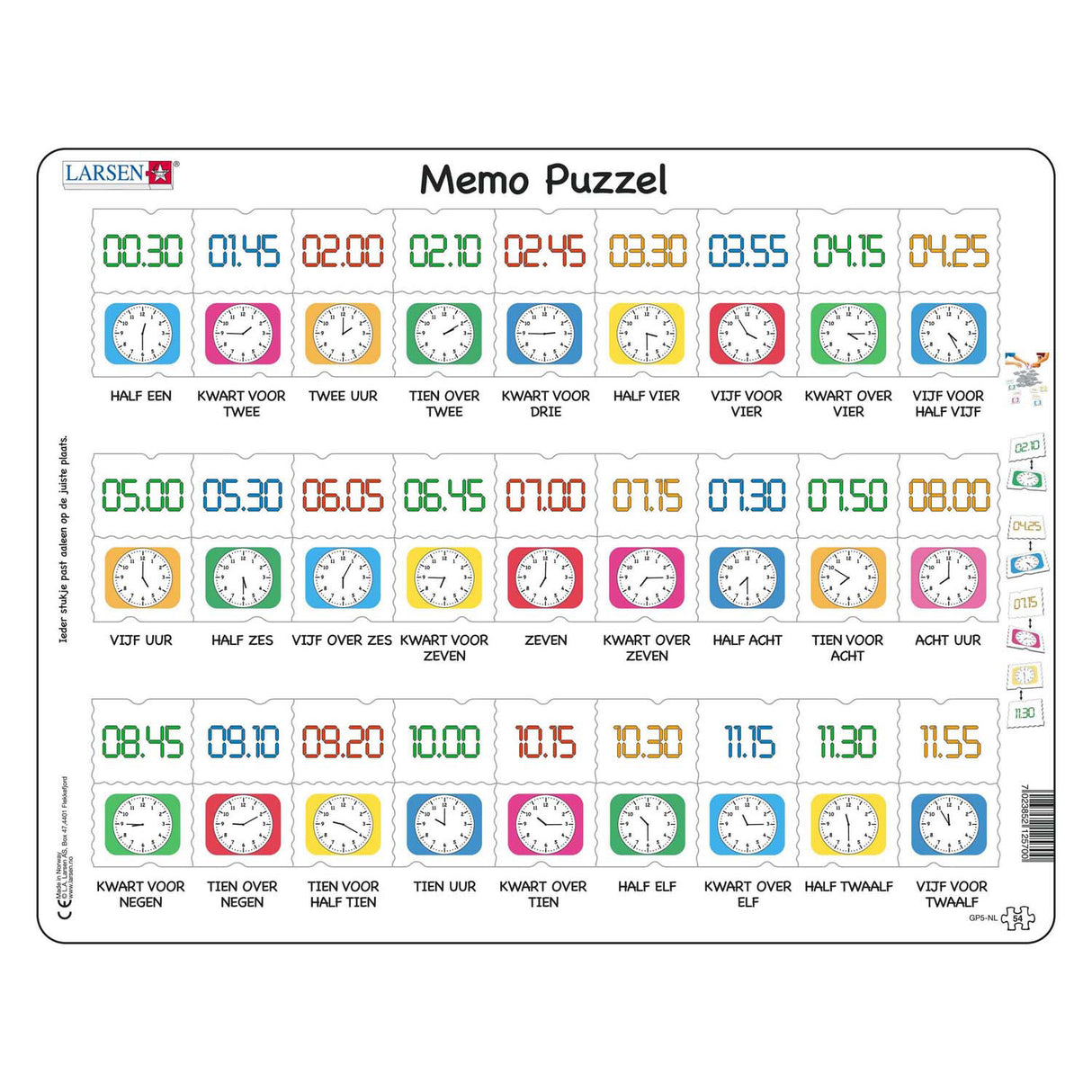 Selecta Larsen Memo-Puzzle zum Erlernen der Uhrzeit, traditionelle und digitale Uhr, 54 Teile.
