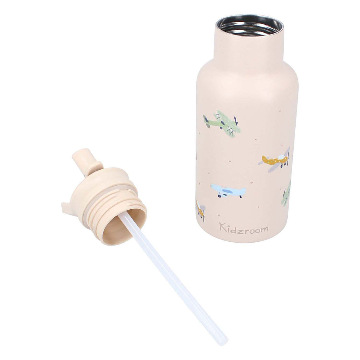 Kidzroom Small Talk – Schulbecher und Trinkflasche – 350 ml – Edelstahl – Flugzeug – Beige