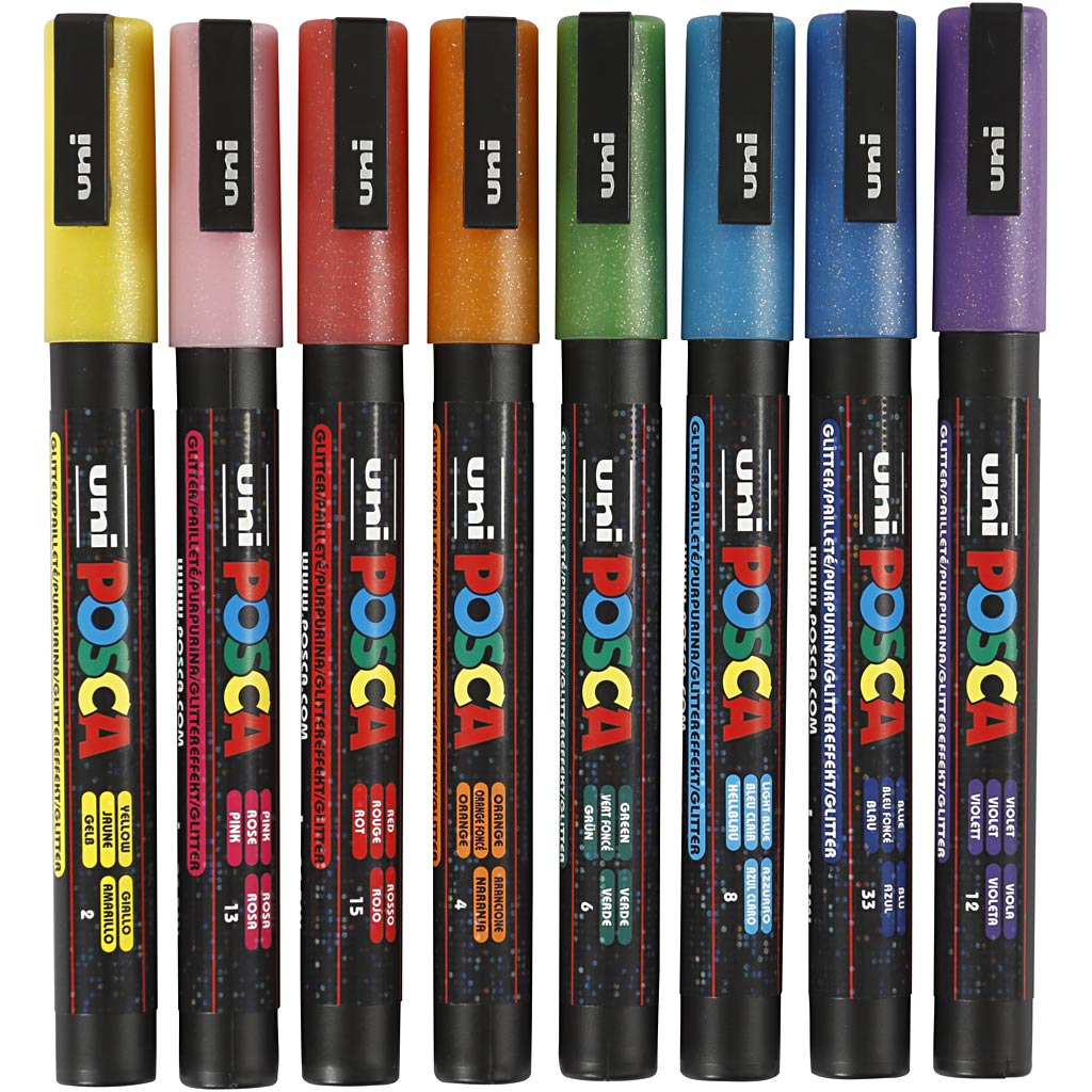 Uni-Posca Posca-Marker, Größe PC-3 ml, Strichbreite 0,9–1,3 mm, Glitzerfarben, 8 Stück 1 Box