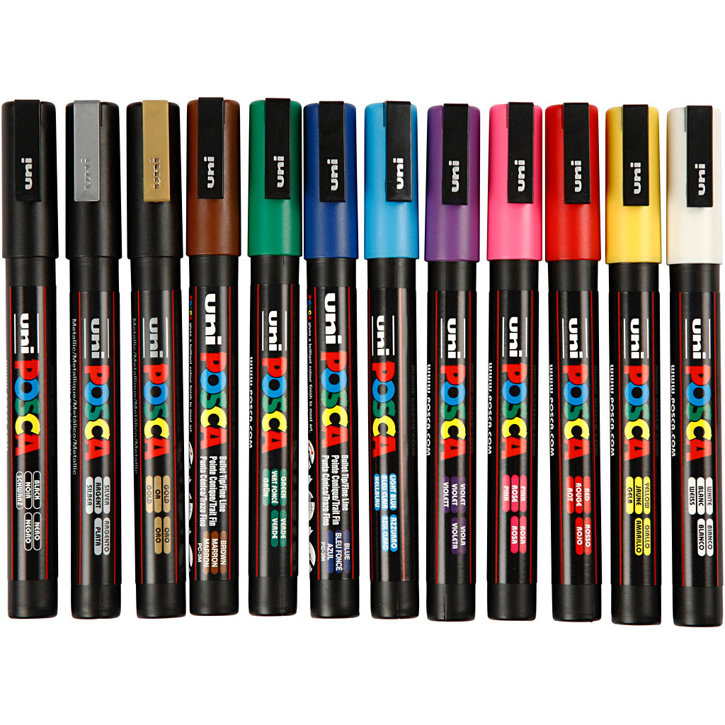 Uni-Posca Posca-Marker, Größe PC-3m, Strichbreite 0,9–1,3 mm, fein, verschiedene Farben, 12 Stück 1 Box