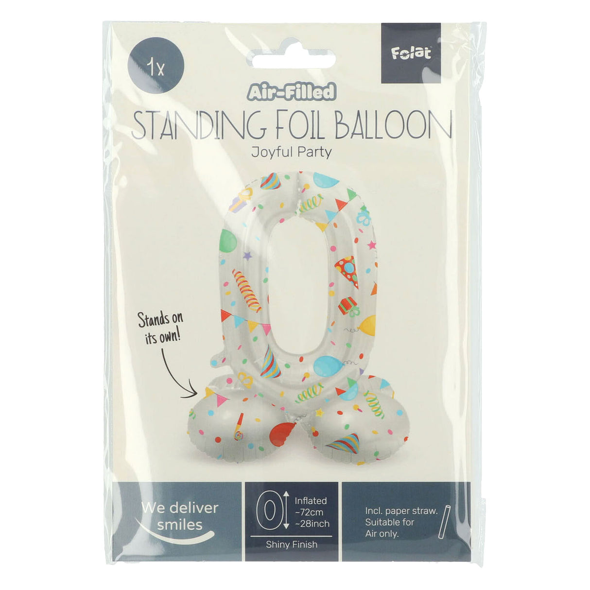 Folat bv stehender Folienballon „Frohe Party“ Nummer 0 – 72 cm