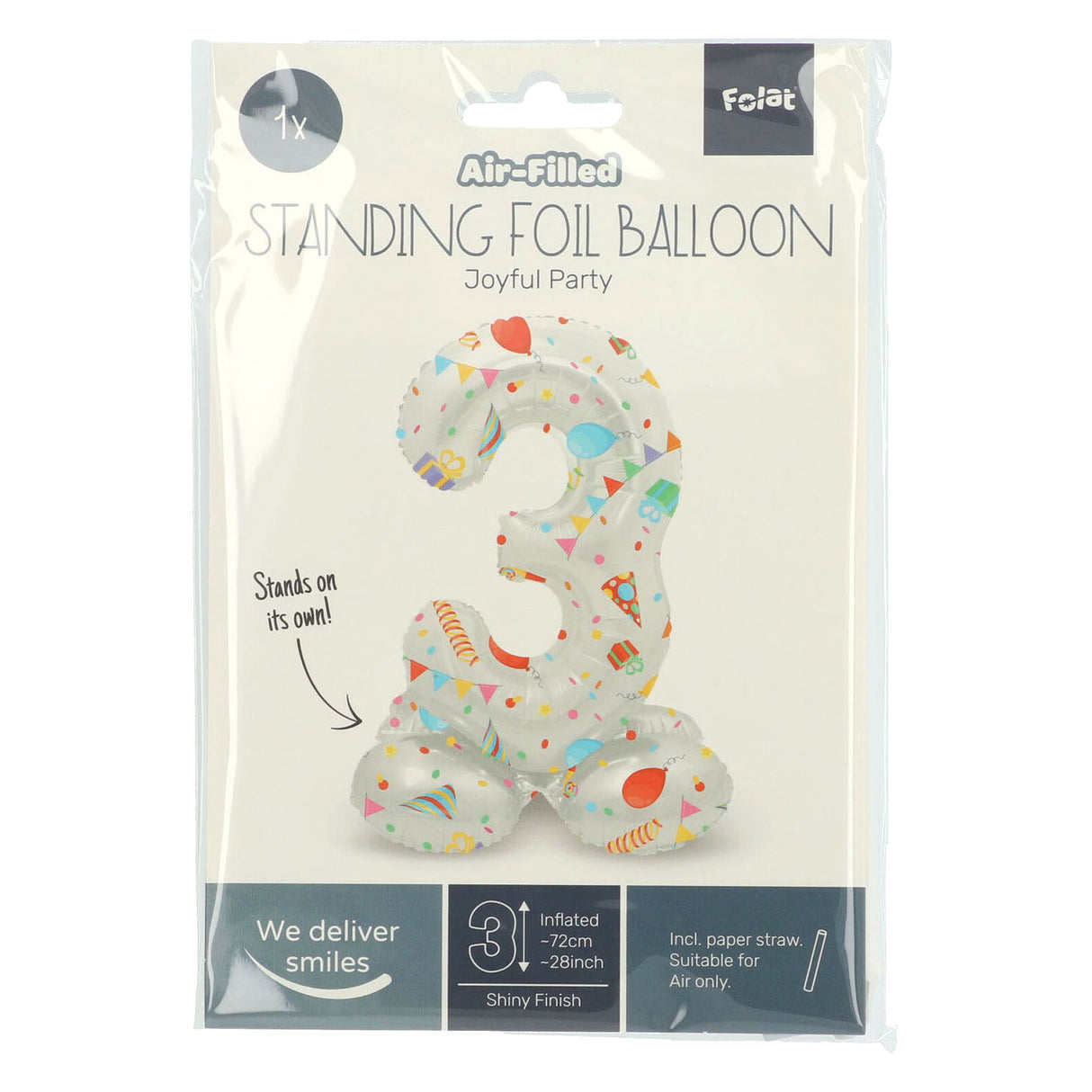 Folat bv stehender Folienballon „Frohe Party“ Nummer 3 – 72 cm