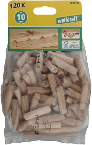 Wolfcraft gerillte Holzdübel | buche | ø10 x 40 mm | 120 Stück - 2909000