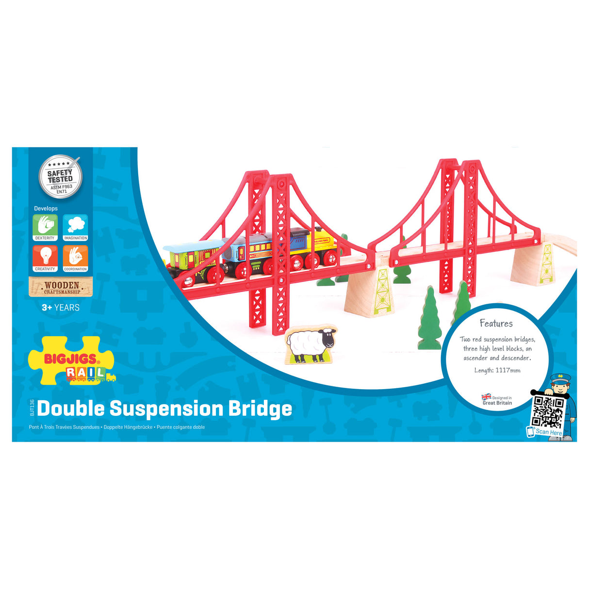 Bigjigs Wooden Rails - Double Suspension Bridge, 7dlg.