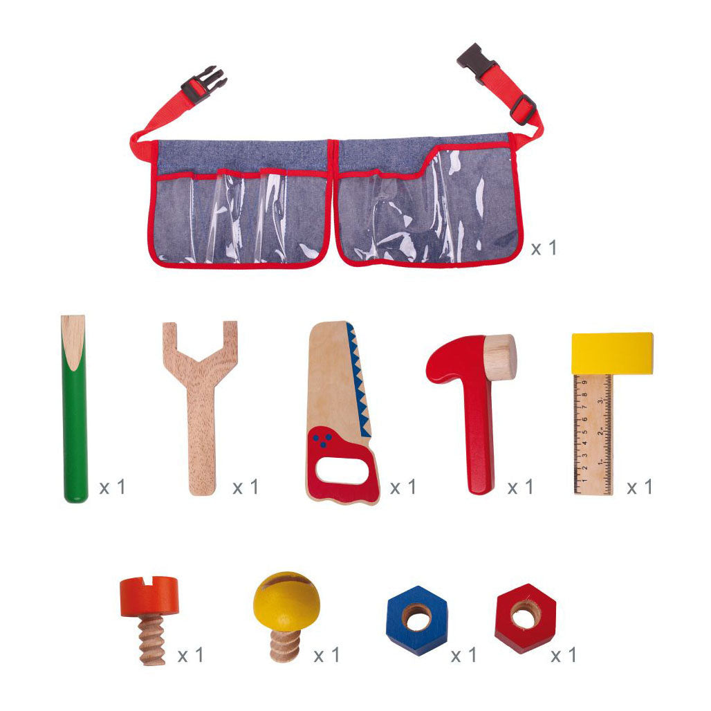 Bigjigs Toys roter Werkzeuggürtel mit Holzwerkzeugen – Bigjigs – mit Clipverschluss – 10 Stück