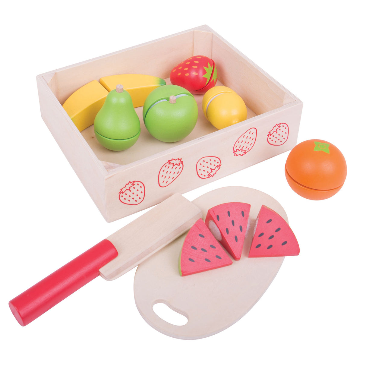 Bigjigs Toys Holzkiste mit Obst und Klettverschluss – mit Messer und Brett – Bigjigs – 18-teilig