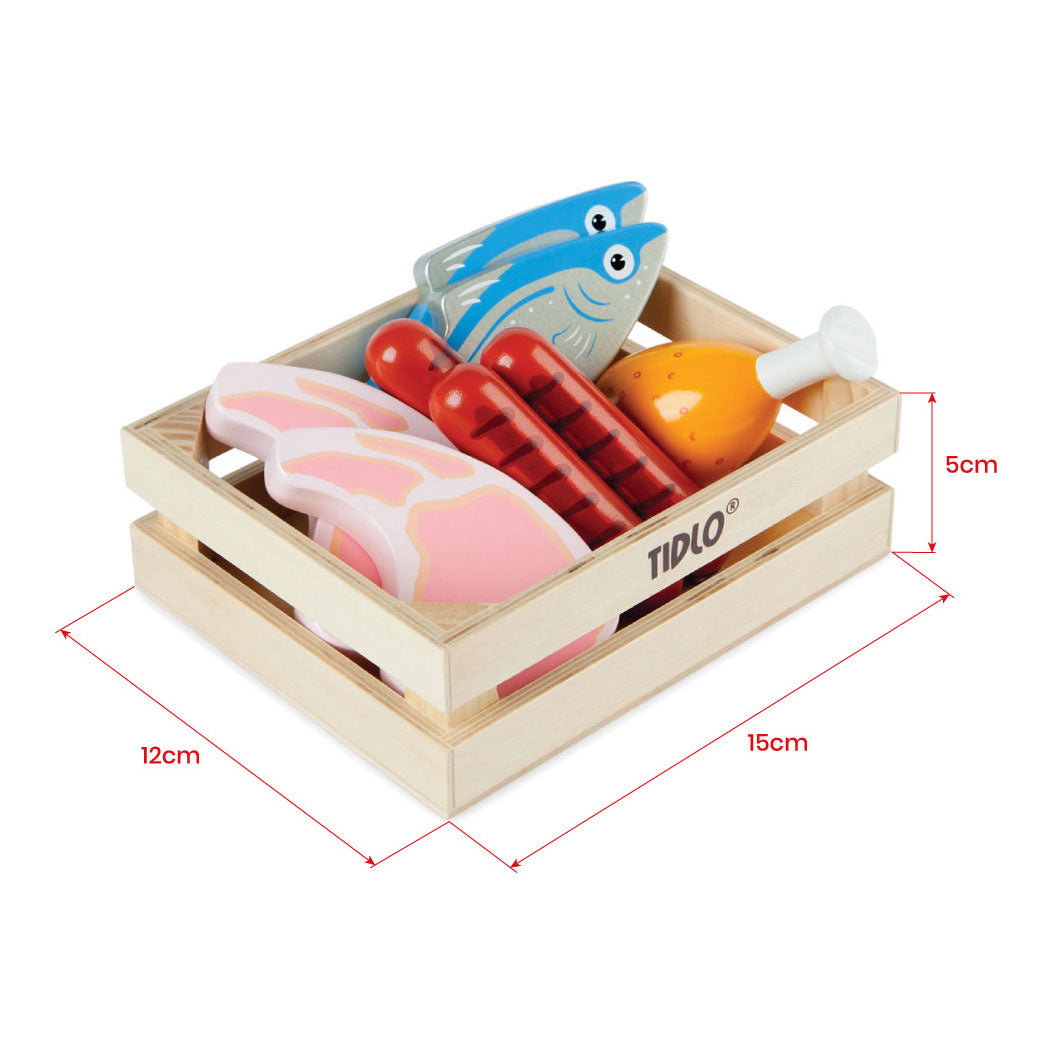 Tidlo Holzspielfutter Fleisch und Fisch in Box, 8 Stück.