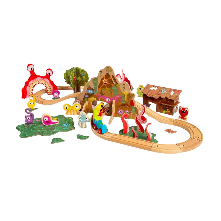 Bigjigs Monstereisenbahn-Set aus Holz, 50-teilig.