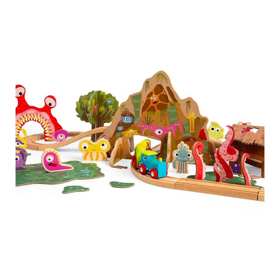 Bigjigs Monstereisenbahn-Set aus Holz, 50-teilig.