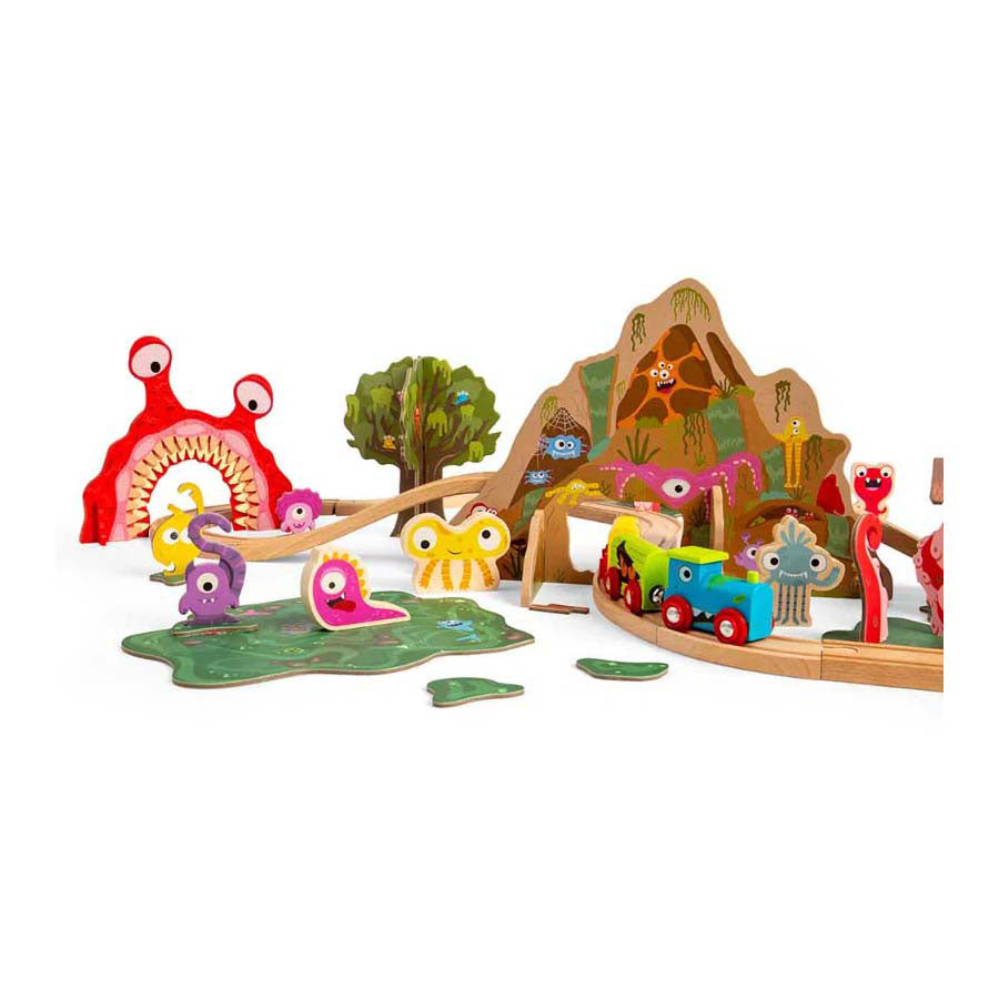 Bigjigs Monstereisenbahn-Set aus Holz, 50-teilig.