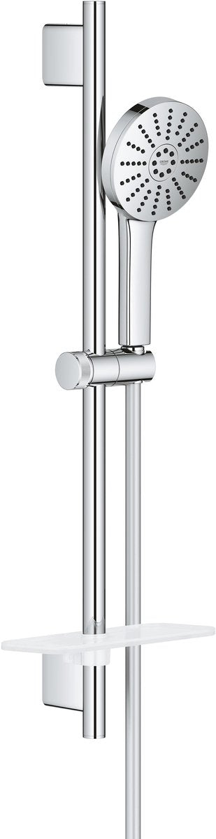 Grohe Vitalio Joy+ 120 Brauseset mit Brausestange – mit Brausekopf, Brauseschlauch, Seifenschale – 3 Strahlarten – Aqua-Booster – wassersparend (7l min) – Chrom