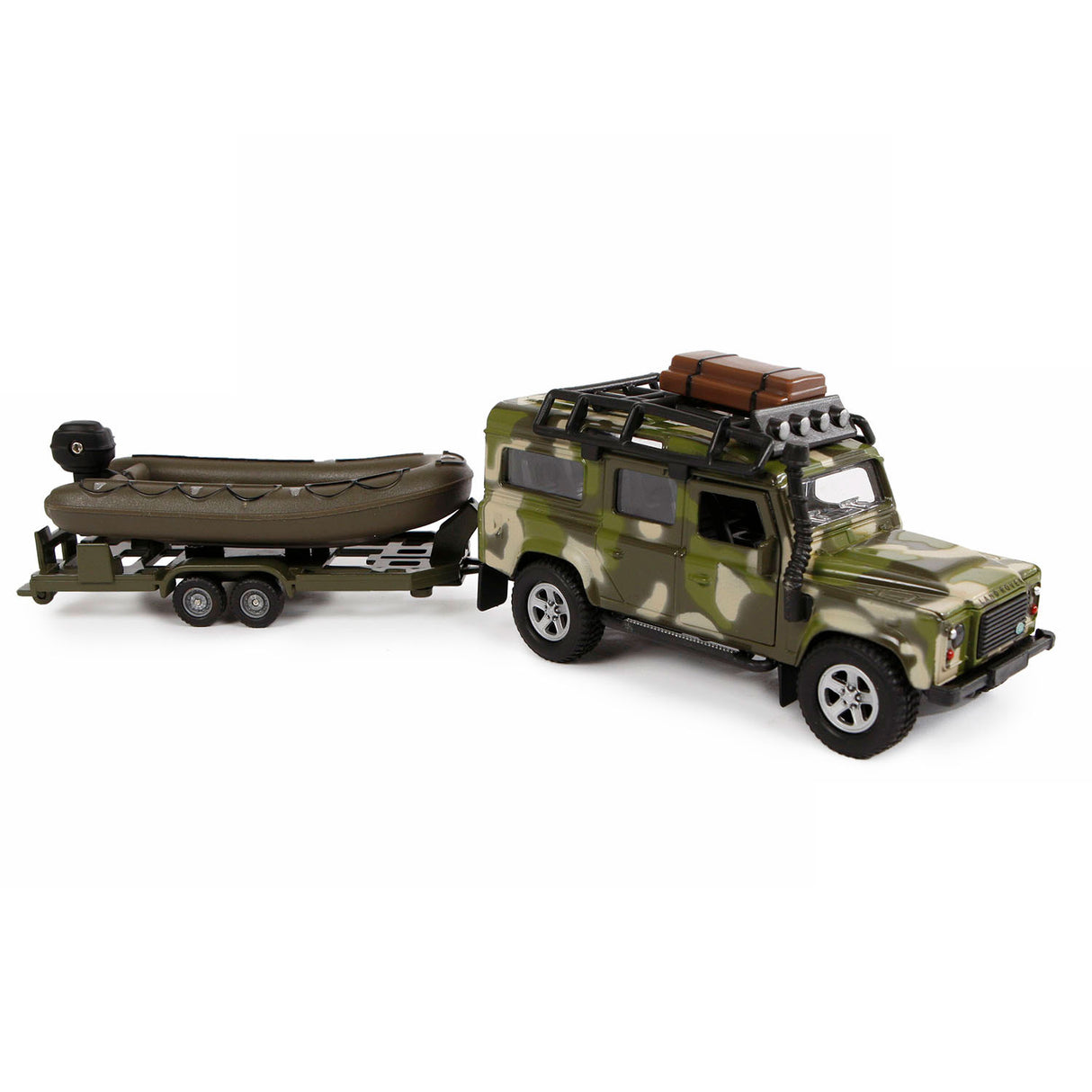 Kids Globe Globe Die Cast Land Rover mit Anhänger und Bootsarmee