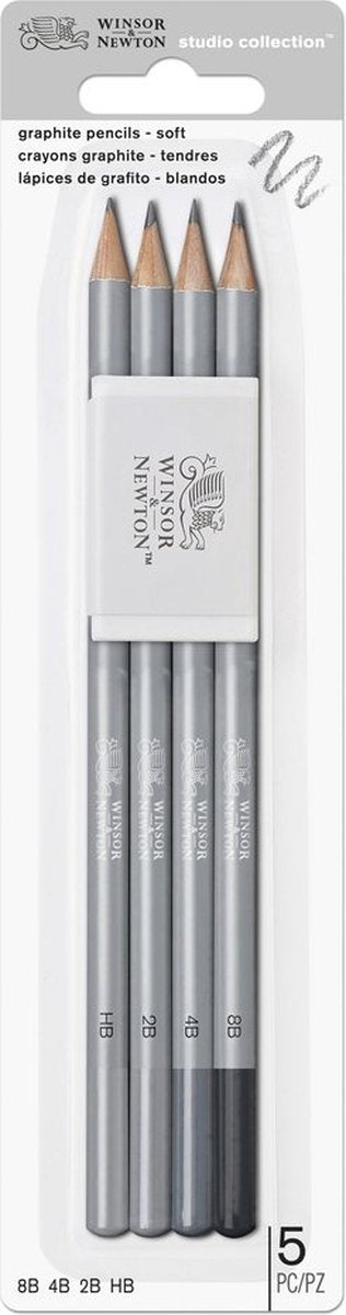 Winsor Newton 0490004 Studio Collection Graphitstift-Set – HB, 2B, 4B, 8B + Radiergummi | Skizzieren Sie Zeichenstifte