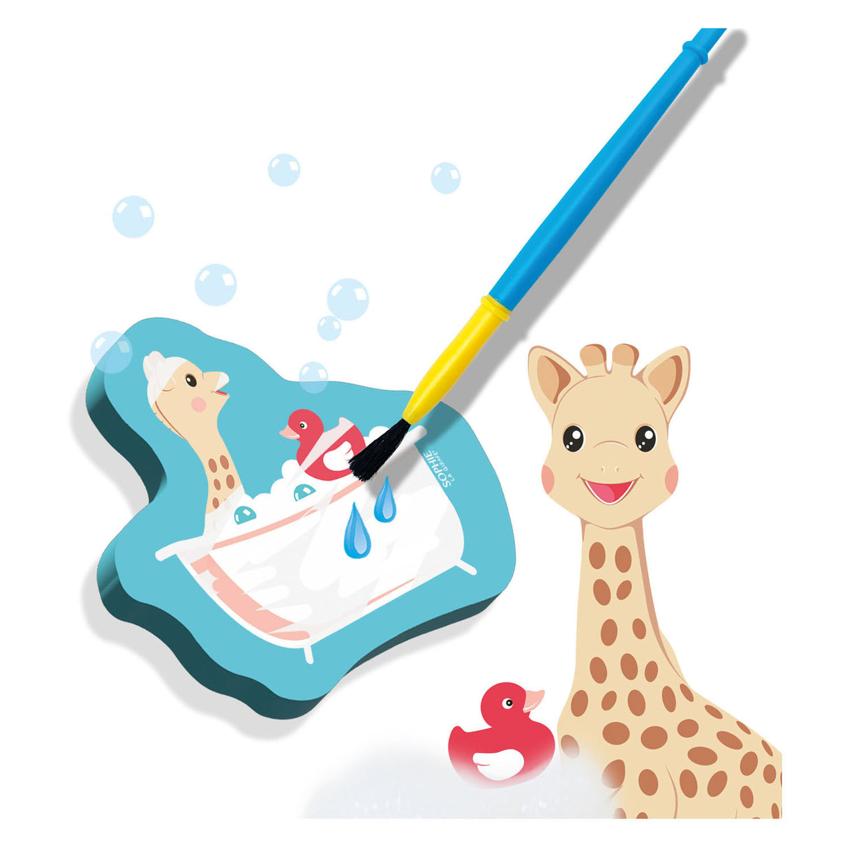 Ses sophie la girafe mit Wasser in der Badewanne färben