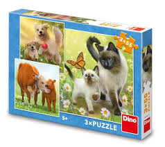 Dinotoys Dino-Kinderpuzzle mit Hund, Katze und Kühen – 3 x 55 Teile