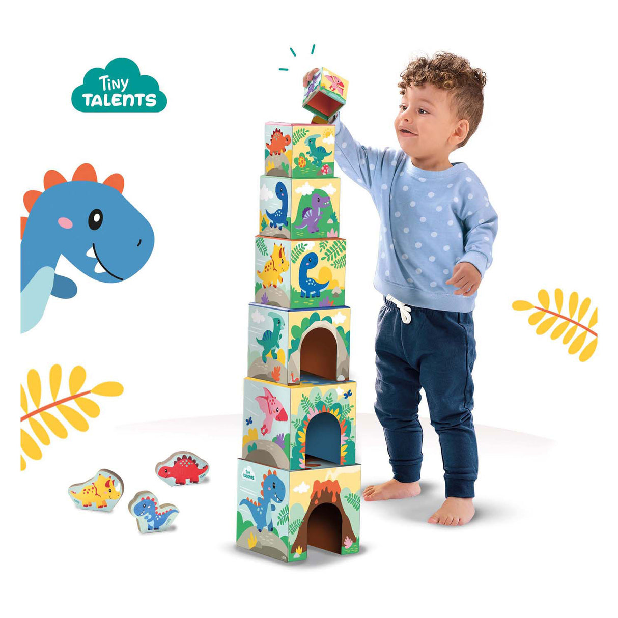 Sechs stapelbare Blocktürme mit Dino-Figuren
