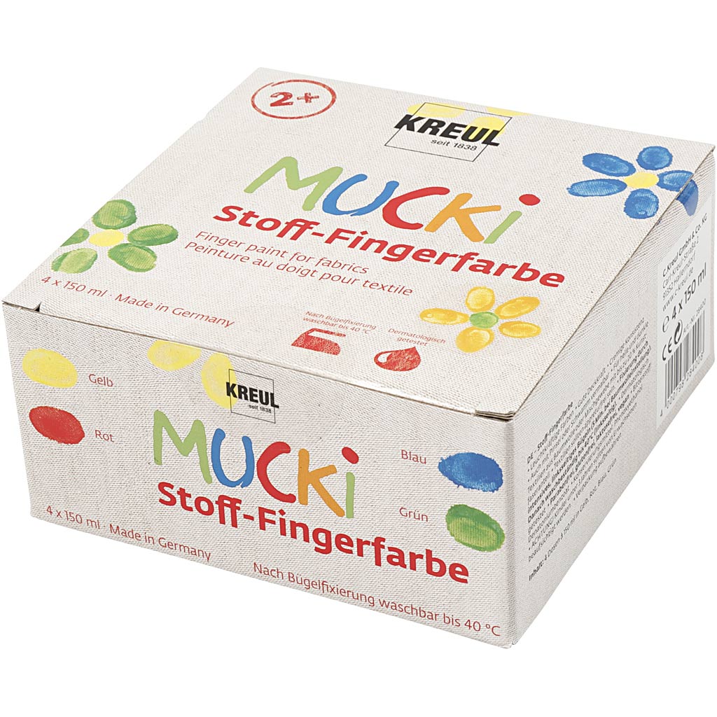Creativ Company Muck Fingerfarbe, Blau, Grün, Rot, Gelb, 4x150 ml 1 Box