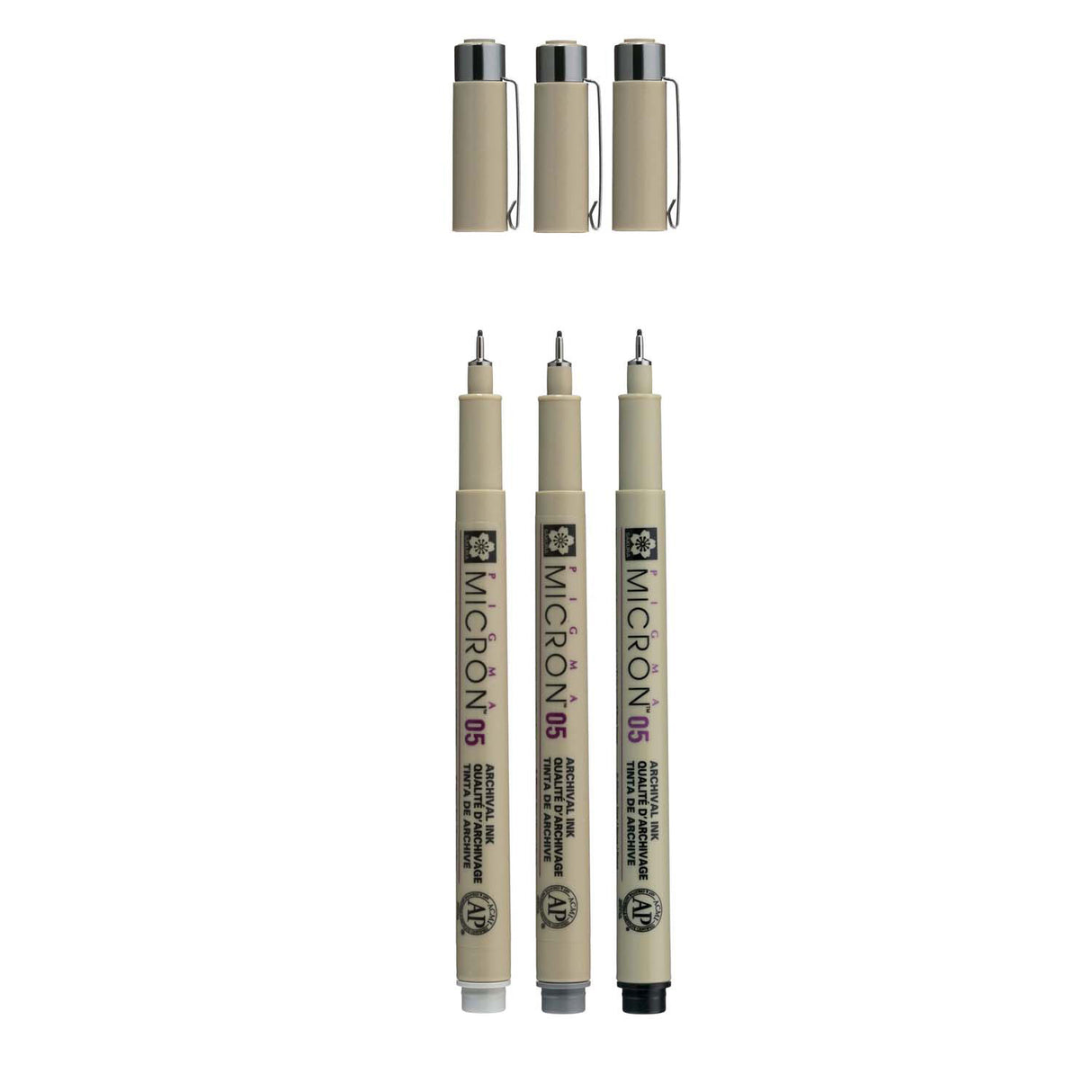 Sakura Pigma Micron 05 Fineliner-Set, 3 Stifte, schwarz-grau