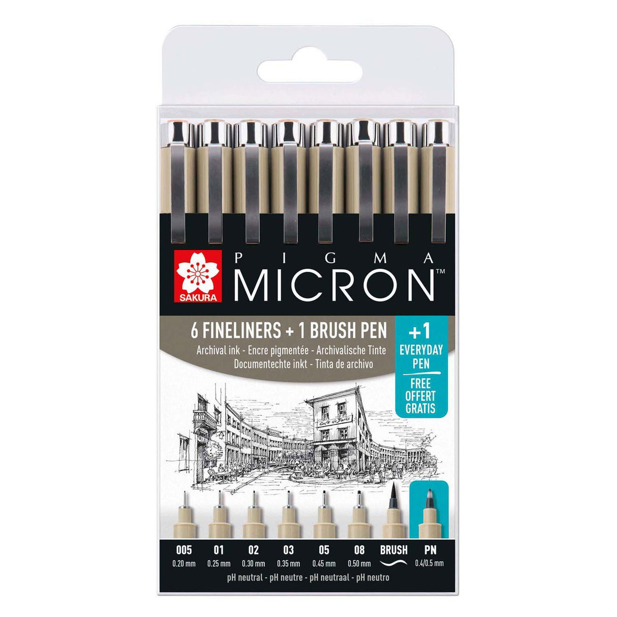 Sakura Pigma Micron Fineliner – Werbeset-Etui – 7 Fineliner in Schwarz und 1 Pigma Micron PN