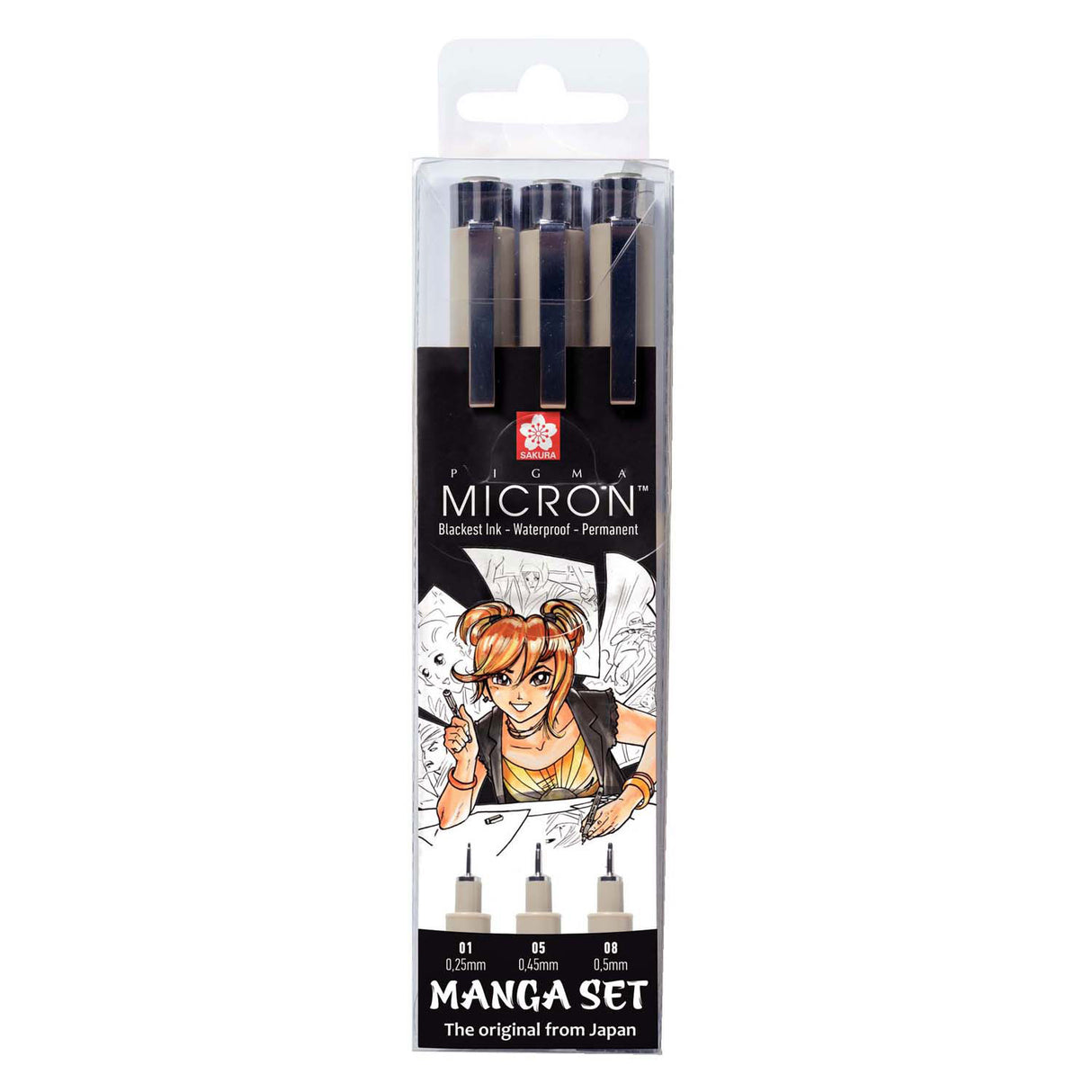 Sakura einzigartige Manga-Kollektion mit 3 schwarzen Pigma-Micron-Stiften.