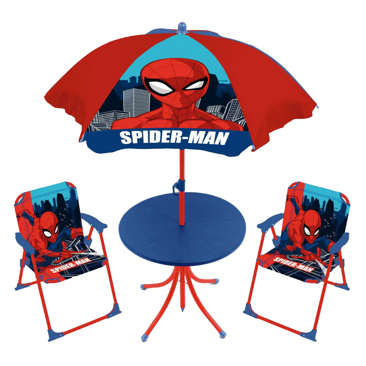 Marvel Lobes Spiderman-Kindergartenset mit Tisch, Stühlen und Sonnenschirm.