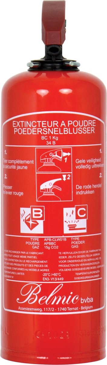 Belmic Feuerlöscher 1kg – Pulverfeuerlöscher – gemäß belgischer Norm Benor 2032 – Brandklasse B + C – nicht zum Löschen von Fetten (Frittierfett oder Speiseöl) geeignet