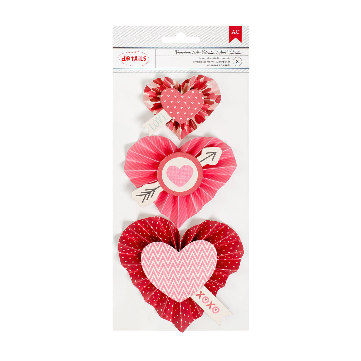 American Crafts • Valentinstag-Herzrosetten, 3 Stück, selbstklebend