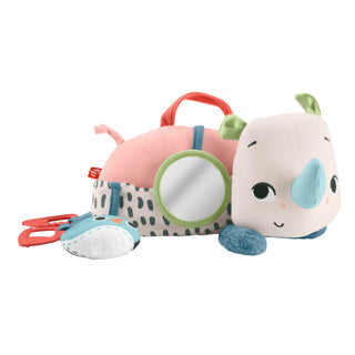 Fisher-Price auf dem Bauch spielt wanderndes Nashorn