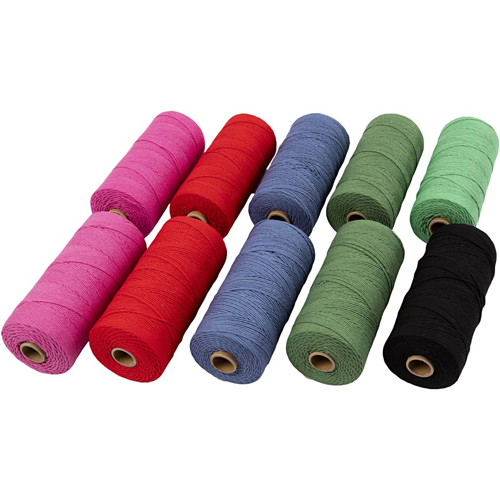 Creativ Company Makrameeschnur, L: 315 m, Stärke 1 mm, dünne Qualität 12 12, kräftige Farben, 10x220 g 1 Box