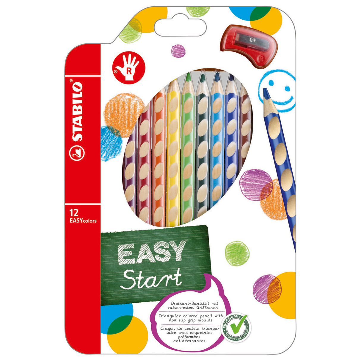 Stabilo EasyColors farbige Stifte rechts - 12 Stcs. + Bleistiftschärfer
